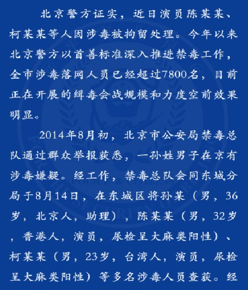 北京警方证实房祖名柯震东涉毒 现场供认不讳